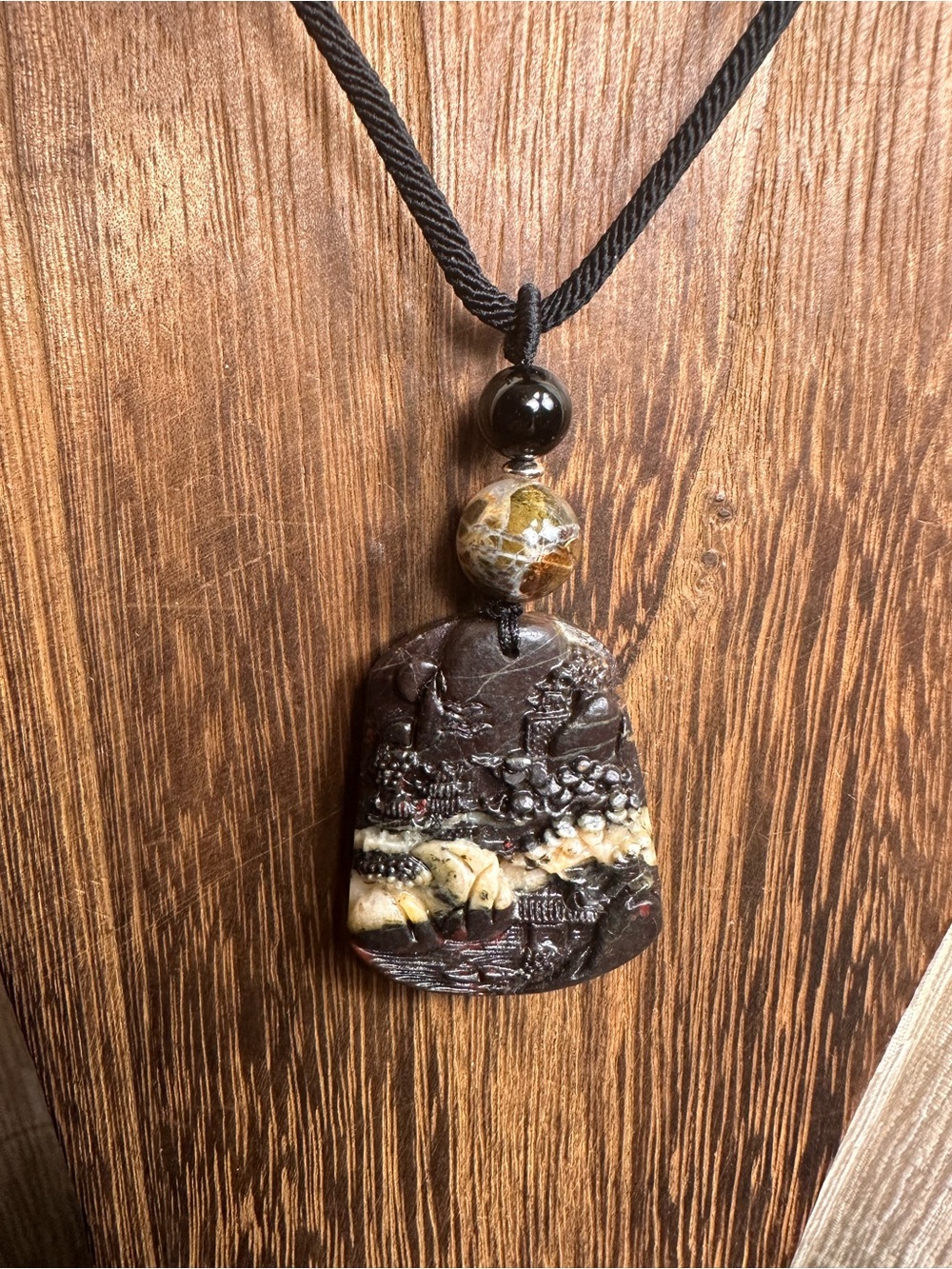 Jasper Landscape Carving Pendant Necklace on Black Adjustable Rope